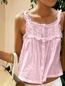 Women Summer Tank Tops Casual Lace Patchwork Buttons Sleeveless Shirt Basic Vest Aesthetic Clothes for Streetwear - Rosa - Ver 5