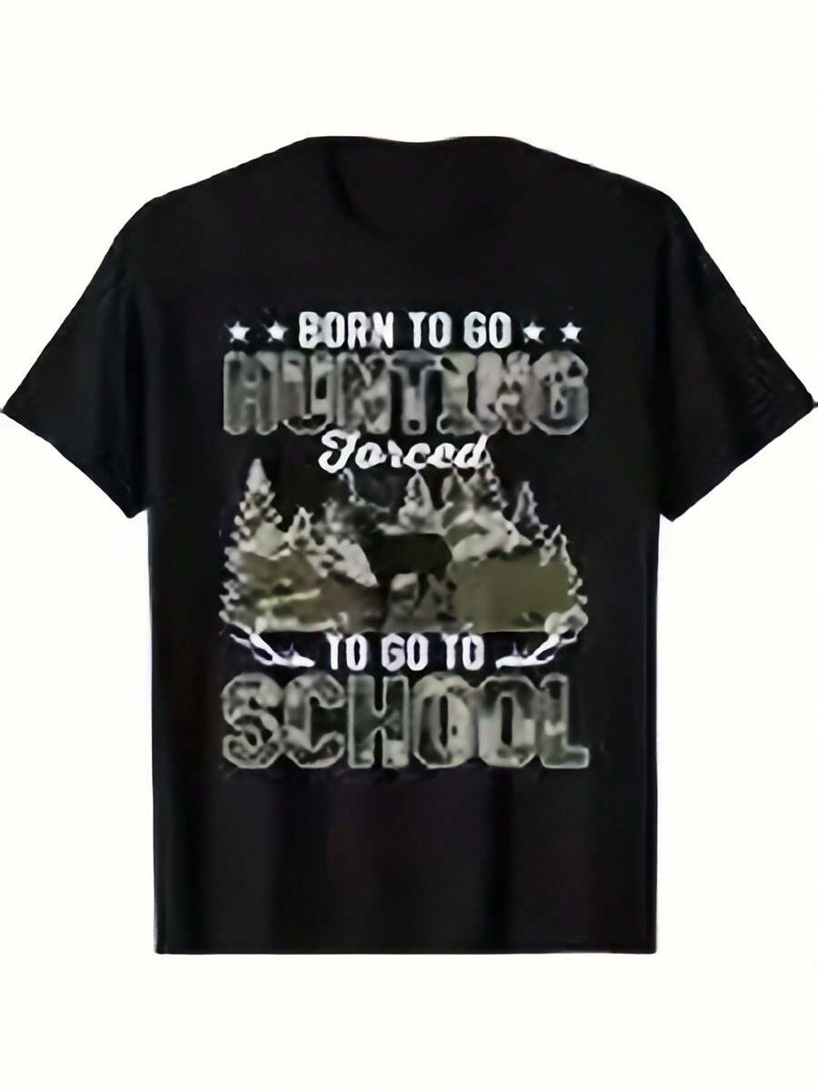 Men's Casual Hunting Graphic T-Shirt - Born To Go Hunting Force To School Camo Deer & Pine Tree Design, Loose Fit Short Sleeve, BlackWhite Print, Machine Washable Outdoor & Casual Attire, Hunting Gear, Schoolthemed Apparel, Bold Text Design, Durable Print,100% Pure Cotton Short Sleeved Shirt, Essential For Summer And Spring, Loose Casual Round Neck, Men's Letter Printed T-Shirt, Suitable For Sports Enthusiasts - Black - View 1