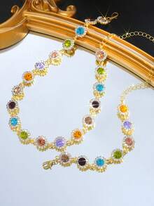 2pcs Fashionable Minimalist Colorful Cubic Zirconia Rhinestone Necklace And Bracelet Jewelry Set, Versatile For Dating, Party, Anniversary, Birthday, Valentine's Day Gift For Women,Mom,Mother,Mother's Day,Gift - Gold - View 3