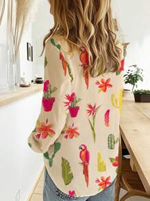 Women's Fashion New Single-Breasted Long Sleeve Parrot, Pineapple, Cactus & Feather Print Shirt