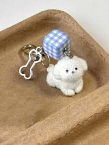 1pc Unisex Cute Cartoon Flocked Little White Dog Keychain, Adorable Bone And Blue&White Beads Accessory For Student, Phone Case, Bag Pendant Car Accessories Bag Charm Backpack For School
