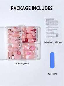 96Pcs(4Mixed )Long Square 3D Gel Nail Makes Flower Nails Design French Acrylic Press On Nails Long Fit Perfectly False Nails Set, Include: 1Pc Jelly Glue And 1Pc Nail File, Easy To Wear Summer Nails & French Tip Nails Art For Woman & Girl For Daily Wear And Party Use Nail Supplies Nails - Multicolor - View 4