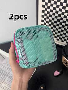 1个迷你马卡龙色清新时尚高品质多功能透明网眼收纳袋，可爱钱包式整理包，便携式化妆包，带拉链的纸巾盒，女性卫生用品收纳袋，可收纳口红、迷你化妆刷、护肤品、蓝牙耳机、硬币、小物件，非常适合作为圣诞礼物，适合居家、旅行、度假和上学使用，化妆包、护肤包、洗漱包、收纳袋