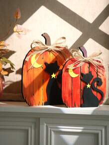 1 pezzo/2 pezzi Decorazione da tavolo in legno a forma di zucca e gatto per Ognissanti e Ringraziamento - Decorazione rustica da interno per l'autunno con luna, stelle e fiocchi di iuta per scaffali, camino, mensole, esposizione autunnale domestica