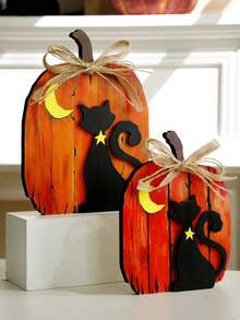 1 pezzo/2 pezzi Decorazione da tavolo in legno a forma di zucca e gatto per Ognissanti e Ringraziamento - Decorazione rustica da interno per l'autunno con luna, stelle e fiocchi di iuta per scaffali, camino, mensole, esposizione autunnale domestica