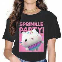 Sprinkle Party  Wo Clothes Gabby's Dollhouse Gabby Cartoon Oversized T-Shirt Haruku Vintage Female Top - Black - View 2