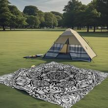 1pc Digital Printed Outdoor Picnic Mat, Beach Blanket, Black & White Mandala Design, Personalized, Fade Resistant, Lightweight Portable, 120g Polyester, With 4 Stake Pegs, Thick Protection, Suitable For Picnic, Camping, Beach, Yard