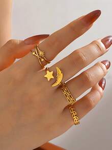 Bộ 4 nhẫn hở thời trang hình ngôi sao và mặt trời mạ vàng 18K bằng thép không gỉ, phù hợp để đeo hàng ngày cho phụ nữ - Vàng - Xem 2