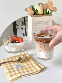 1 French Pink Bow Glass Cup, Ins Style Coffee Cup, Exquisite Milk Breakfast Cup