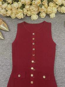 优雅女士针织罗纹长裙，高腰修身无袖时尚派对连衣裙，前襟纽扣设计，适合春、夏、秋季，休闲、派对、校园、街头风格皆宜，尽显高贵典雅气质。 - 酒紅色 - 查看 5