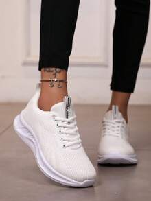 女士轻便舒适透气白色针织运动鞋，夏季 - 白色 - 查看 3