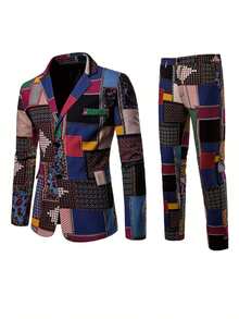 2pcs/Set Men's Digital Print Formal Suit Set, Slim Fit Office/Evening Business Suit Jacket And Trousers - Brown - View 4