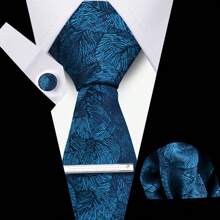 1 Set de Corbata, Pañuelo de Bolsillo y Gemelos en Caja de Regalo, Corbata Floral Azul de 7.5cm, Adecuado para Festivales, Bodas y Trabajo para Hombres