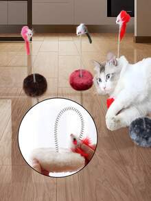 1件随机颜色猫逗棒互动玩具仿真老鼠猫玩具带弹簧弹簧老鼠带圆形底座互动猫玩具小猫抓板猫爬架室内用猫玩具捉老鼠