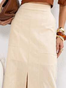 Linen Midi Skirt With Stylish Slit And Flexible Waist - Cream - View 5