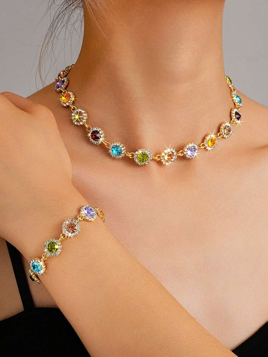 2pcs Fashionable Minimalist Colorful Cubic Zirconia Rhinestone Necklace And Bracelet Jewelry Set, Versatile For Dating, Party, Anniversary, Birthday, Valentine's Day Gift For Women,Mom,Mother,Mother's Day,Gift - Gold - View 1