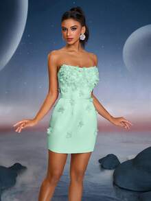 Anymoon Cute 3D Handmade Floral Decor Formal Prom Dress, Suitable For Graduation, Homecoming, Party, Cocktail Party And Wedding Occasions. - Green - View 10