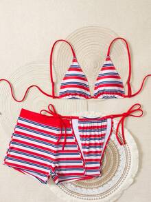 2026 New Fashion Women's Red & Blue Striped Print Bikini 3-Piece Swimsuit Set, Beach Holiday Outfit, Conservative Design To Prevent Exposure, Casual For Valentine's Day - Multicolor - View 3
