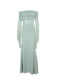 WOWDARK Women's Off Shoulder Waist Sheer Pleat Pointed Sleeve Party Dress, Autumn,Cocktail - Green - View 2