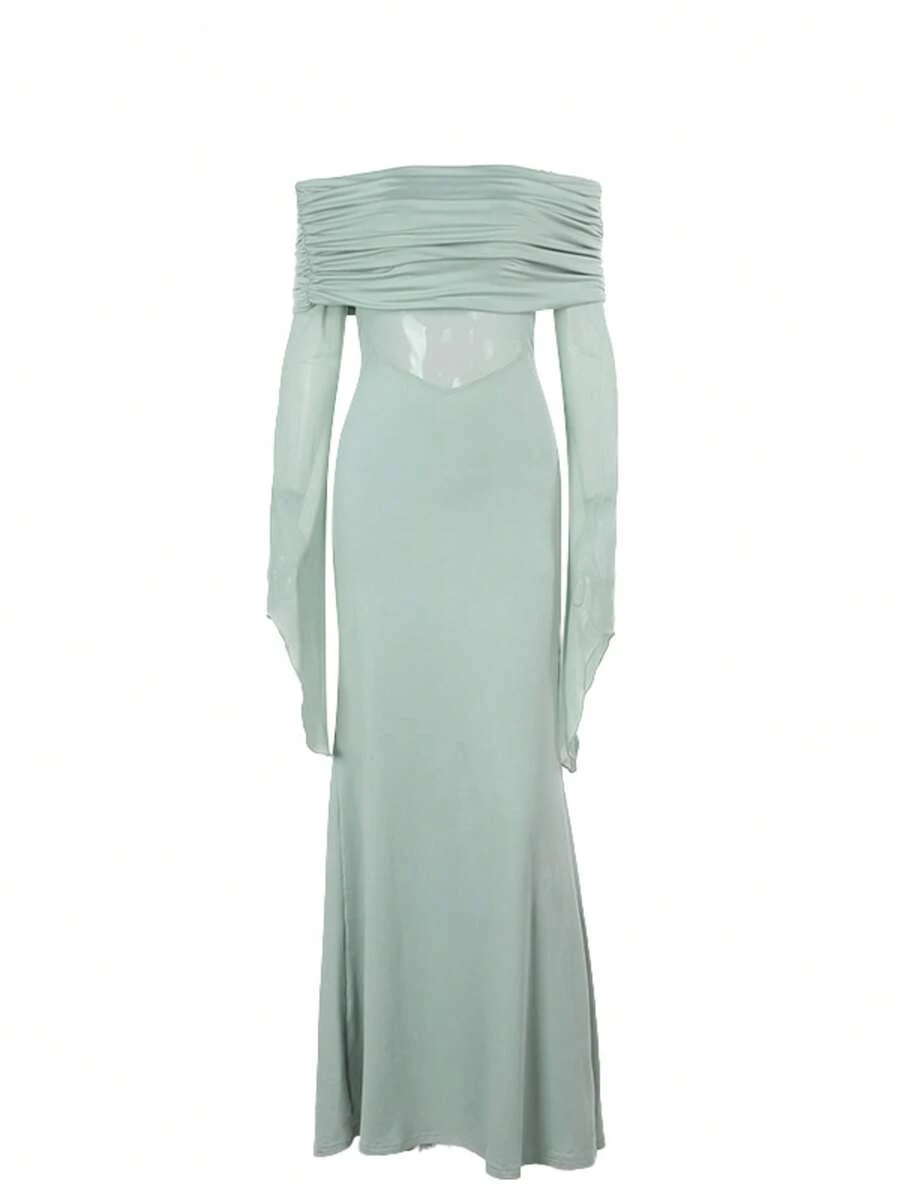 WOWDARK Women's Off Shoulder Waist Sheer Pleat Pointed Sleeve Party Dress, Autumn,Cocktail