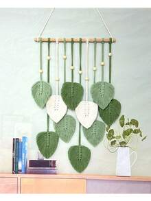 1 件手工创意编织绳叶装饰，波西米亚风格编织壁挂挂毯 - 綠色 - 查看 7