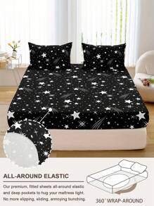 Set de 3 piezas que incluye 1 sábana ajustable con estampado de estrellas fugaces, 2 fundas de almohada, protector de colchón y cubierta de colchón para cama, suave y transpirable, para cama individual, doble, king y queen con bolsillo profundo de hasta 30 cm. Textil para el hogar.