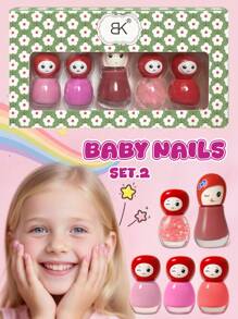 儿童水性可剥指甲油套装，快干指甲油，适合女孩、青少年的水性可剥指甲油，1 套 4 件 * 5ML 和 1 件 * 10ML 可剥指甲油，The Cap Redom 颜色，红色、粉色、橙色、黄色、绿色指甲油，美甲沙龙，美甲用品，儿童礼物，女孩，指甲油