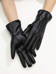 1 双纯色优雅休闲 PU 皮革刺绣全指触屏女士手套，成人时尚保暖手套，适合所有季节，秋冬季，户外骑行，仿羊皮 - A - 查看 3