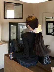 Women's Polo Collar Mock Layer Plaid Patchwork Long Sleeve T-Shirt, Stylish Fitted Slim Fit Long Sleeve Top