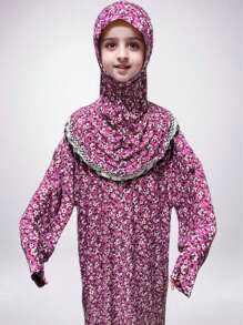 Rose Red Small Plum Blossom Pattern Headscarf For Girls, Children, Teens - Elastic & Comfortable With Wide And Long Design, Suitable For Daily Outdoor And Home Use