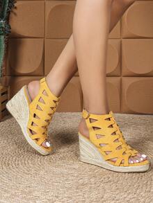 Women's Yellow Wedge & Platform Slip-On Shoes Wedge & Platform Hemp Rope Sole Hollow Laser Cut Open Toe Sandals Hemp Rope Foam Bottom Sandals - Yellow - View 6