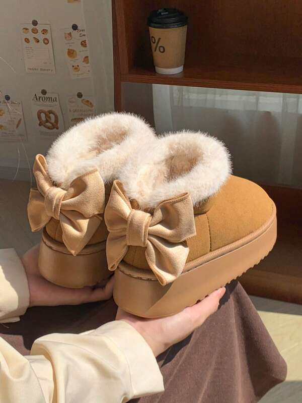 Women's Thick Bottom Bowknot Lined Slippers, Versatile Warm House Boots Can Be Worn Outdoors, Suitable For Autumn/Winter
