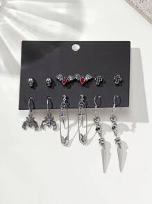6 Pairs Gothic Skull, Cross, Bat, Spike-Shaped Halloween Design Fashion Earring Set