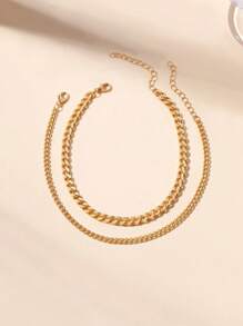 2-Piece Fashionable Women's Ankle Chain Set - Stainless Steel Double-Layer Cuban Chain, Suitable For Daily Wear And Vacation