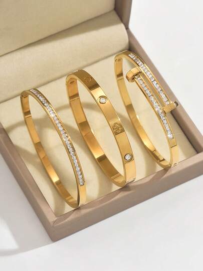 3 piezas Brazaletes de acero inoxidable abiertos enchapados en oro de 18k con circonita cúbica resistente al agua, coloridos y lujosos - Joyería de moda para mujeres
