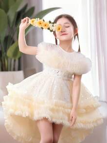 女童优雅高低公主裙，前短后长设计，适合生日派对、学校、演奏会、重要场合、夏季 - 香檳色 - 查看 4