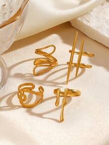4pcs/Set Stainless Steel Minimalist 18K Gold Plated Geometric Line Design Open Rings, Suitable For Daily Wear For Women - Yellow Gold - View 7
