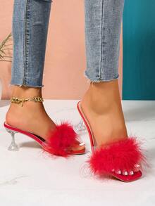 女士夏季穆勒凉鞋，露趾套脚款，蓬松人造毛皮，时尚休闲透明粗跟高跟鞋