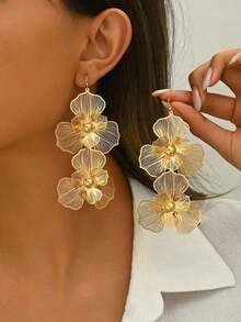 1pair Fashionable Double-Layer Floral Drop Earrings With Exaggerated Design, Long Floral Earrings For Women, Suitable For Daily Wear - Gold - View 6