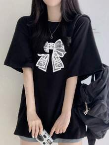 200g Pure Cotton T-Shirt 2025 Summer Ladies New Short Sleeve Pure Cotton Holiday Pattern Short Sleeve Round Neck Couple Wear Small Shirt Tops - 黑色 - 查看 2