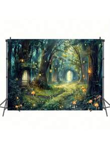 1 pieza Telón de fondo colorido del bosque de luciérnagas - Escena de cuento de hadas encantadora, material de poliéster, decoración multiusos para fiestas de cumpleaños, eventos de primavera y decoración del hogar - Ajuste universal, fácil montaje y diseño reutilizable