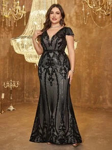 UNITHORSE Plus Size Women Deep V-Neck Backless Sequin Decor Cocktail Party Dress With Shawl Sleeves - Black - View 4