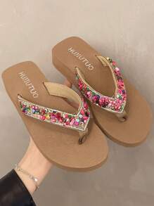 1 Par de Sandalias Tipo Chanclas con Cuña y Detalles de Lentejuelas Estilo Bohemio para Mujer, Sandalias de Playa y Exterior para Verano