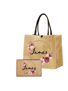 2件套定制姓名花环图案手提袋和化妆包套装，女士亚麻大容量手提袋，购物袋，便携休闲收纳手提包，适合日常出行、海滩度假，大容量购物袋，完美适用于学校、生日、大学、工作、商务、通勤、户外、旅行、度假、返校必备 - 卡其色 - 查看 13