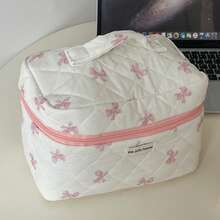 3pcs Makeup Bag Quilted Cosmetic Bag Silk Ribbon Large Floral Make Up Bag For Women Bow Cotton Makeup Bag Set Flower Travel Toiletry Bag - 粉色 - 查看 3