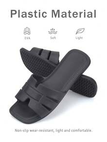 女士夏季新款时尚EVA塑料露趾沙滩度假平底凉鞋，舒适透气防滑一脚蹬拖鞋 - 黑色 - 查看 8