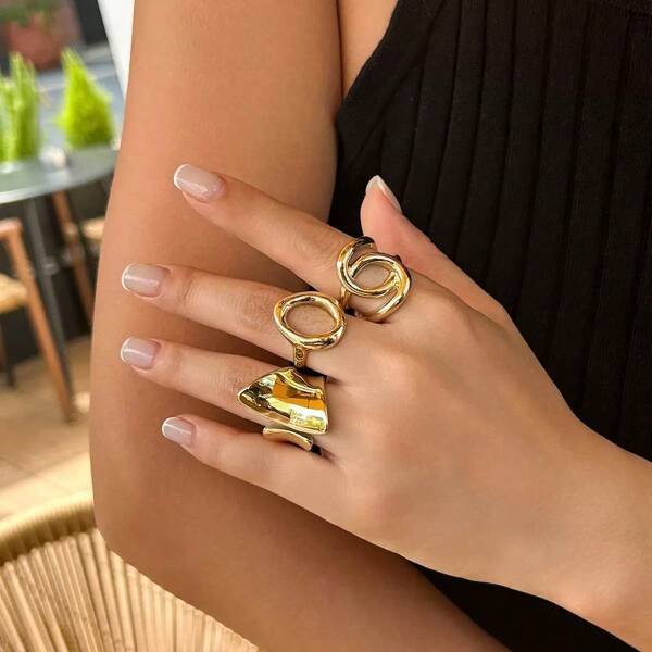 3pcs Unique Punk Style Exaggerated Shiny Circular Open Ring With Geometric Curved Surface
