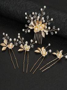 5-Piece Set Of Gold Leaf Pearl Hair Comb, Bride's Coiled Hair Comb, Retro Wedding Headwear, Bride's Hairpin And Hair Clip Combination