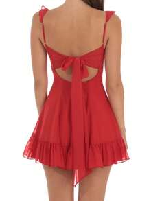 Women Mini Dress Solid Color/Floral Print Ruffles Straps A-Line Dress Summer Back Tie-Up Backless Dress - 紅色 - 查看 6