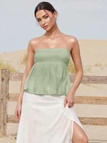 Womens Strapless Loose Fit Tube Top, Solid Colour Sleeveless Bandeau Shirt For Summer Casual And Holiday Wear - màu xanh lá - Xem 5